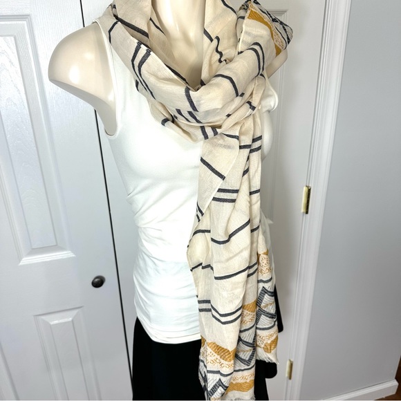 LUCKY BRAND scarf MINI FRINGE endings CREAM GOLD BLUE PRINT boHo scarf - Picture 6 of 6